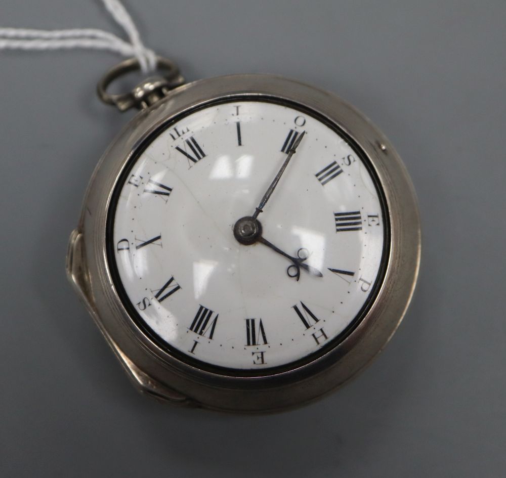 A George III silver pair cased keywind verge pocket watch by Robert Clarke, London, with Roman dial, the signed movement numbered 1023